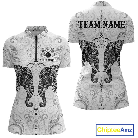 Custom black & white tribal elephant bowling quarter-zip shirt, front and back views, bowling league jersey for women