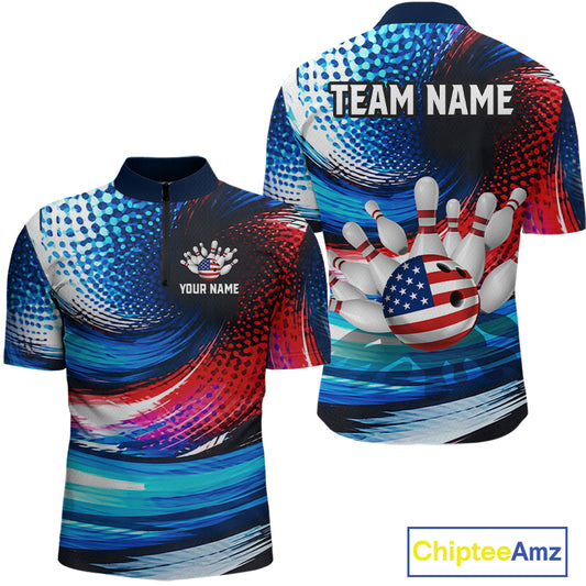 Custom bowling-themed short-sleeve quarter-zip shirt shown from the front and back on a white background. The shirt features a patriotic red, white, and blue abstract design with bowling pins and a bowling ball graphic decorated with the American flag.