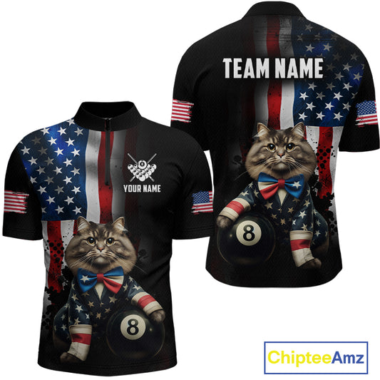 Custom short-sleeve jersey shown from front and back on a white background. The jersey features a black base with an American flag pattern, a large graphic of a cat in a star-patterned suit holding an 8-ball, and customizable text areas reading 'TEAM NAME' and 'YOUR NAME'.