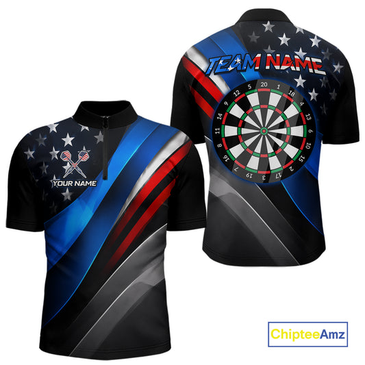 Front and back view of a custom dart quarter zip featuring a patriotic dartboard graphic with red, blue, and silver diagonal stripes, personalized team name and player name.