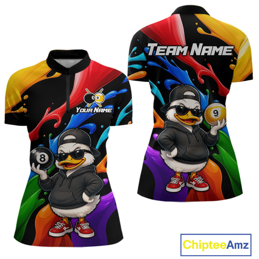 Front and back views of a short-sleeve polo shirt with a colorful rainbow paint splatter design, featuring a cartoon duck character wearing a black hoodie and sunglasses holding pool balls, with customizable text areas on the chest and back.