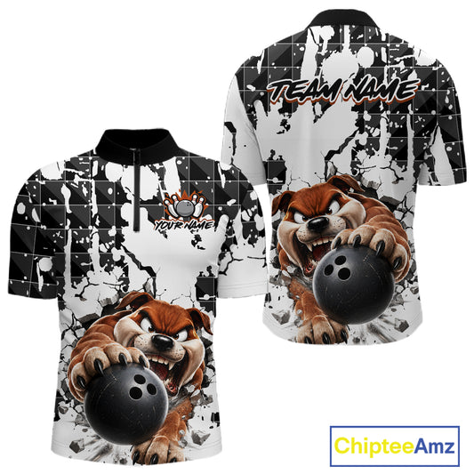 Quarter-zip jersey with cartoon dog holding a bowling ball and 'Team Name' text on a white background.