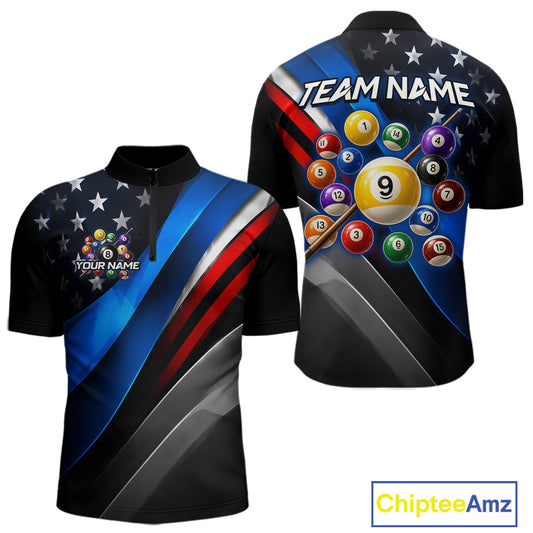 Customizable black short-sleeve polo shirt with a patriotic and billiards theme, shown in front and back views. The design features diagonal blue, red, and gray stripes, white stars, a pool ball graphic, and customizable text placeholders.