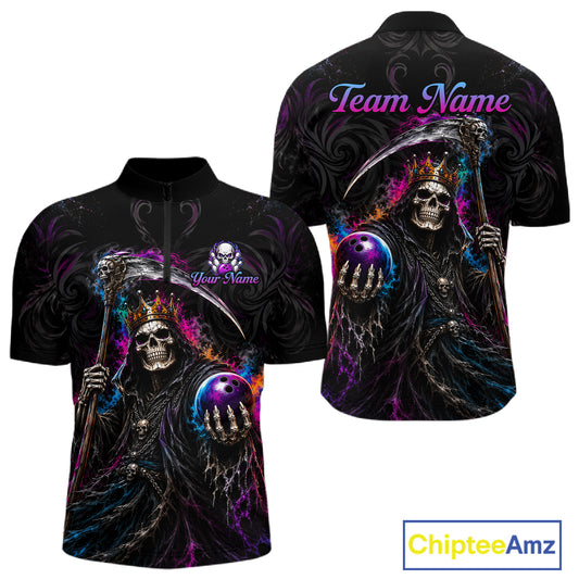 Black short-sleeve zip-up shirt shown from front and back, featuring a vivid grim reaper graphic with a skull, scythe, purple lightning effects, and customizable text reading 'Team Name' and 'Your Name'. A ChipteeAmz logo appears in the bottom right corner.