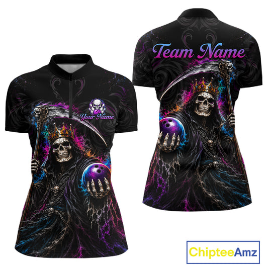 Front and back views of a black short-sleeve quarter-zip shirt featuring a vivid graphic of a crowned grim reaper holding bowling balls, with purple 'Team Name' text on the back and customizable text on the front. A ChipteeAmz logo appears in the bottom right corner.