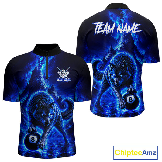 A short-sleeve quarter-zip performance shirt shown from the front and back on a white background. The shirt features a vibrant blue and black lightning-bolt graphic of a wolf holding a 8-ball, with customizable text areas reading 'TEAM NAME' and 'YOUR NAME'.
