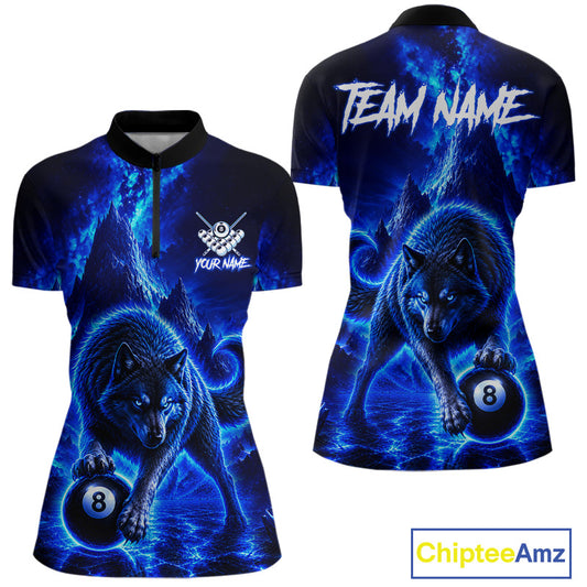 Front and back views of a women's short-sleeve polo shirt with a blue and black wolf and pool ball graphic print. The front features a half-zip collar, a white skull-and-crossbones logo with customizable text, and a large wolf holding an 8-ball.