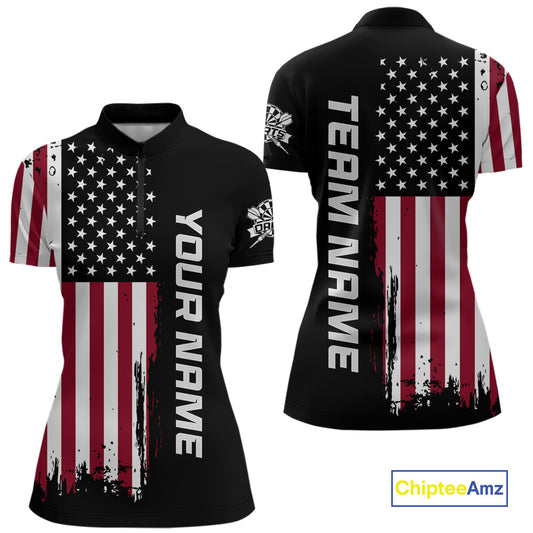 Front and back view of a custom patriotic dart quarter zip featuring a distressed American flag graphic with personalized team name and player name.