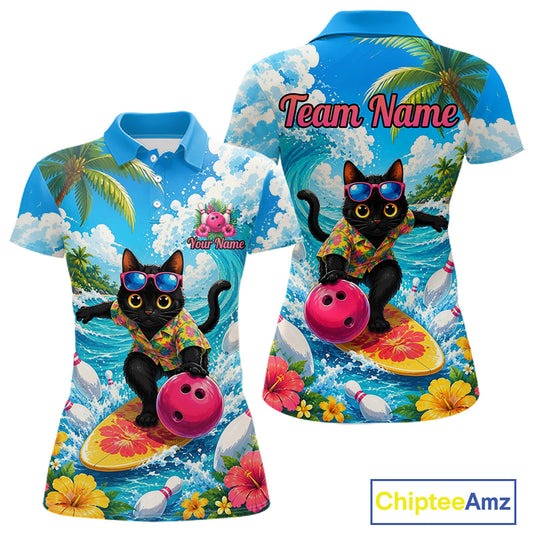 A women's short-sleeve polo shirt shown from the front and back, featuring a colorful tropical beach print with palm trees, ocean waves, flowers, and a cartoon black cat wearing sunglasses and a floral shirt while balancing a pink bowling ball. The shirt includes customizable text areas reading 'Team Name' and 'Your Name'.