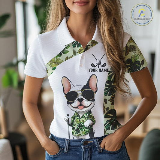Green Tropical Pattern Womens Golf Polo Shirts Custom Cute Bulldog Golf Tops, White Ladies Golf Outfit NHN0067