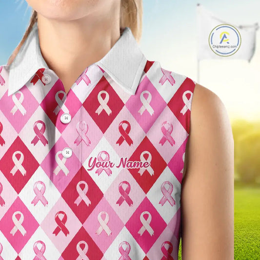 Pink Plaid Womens Sleeveless Golf Polo Shirt Custom Pink Ribbon Breast Cancer Awareness Team Golf Tops NHN0165