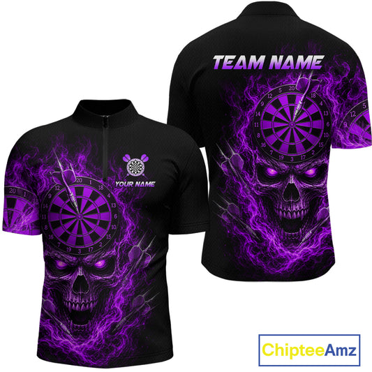 Black short-sleeve zip-up t-shirt shown from front and back, featuring a large purple skull and dartboard graphic with electric smoke effects, plus customizable text placeholders on the chest and back.
