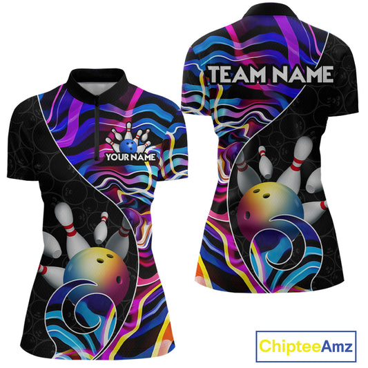 Custom Blue Neon Wave Bowling Team Shirts, Strike Bowling Shirts For Women Bowling Jersey HNT465