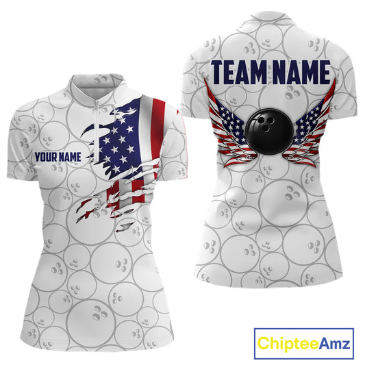 Front and back views of a women's short-sleeve polo shirt with a bowling-themed design. The shirt has a white base with a repeating gray bowling-pin pattern, a large American flag graphic on the front with a torn effect, a black bowling ball graphic on the back, and customizable text areas reading 'TEAM NAME' and 'YOUR NAME'.