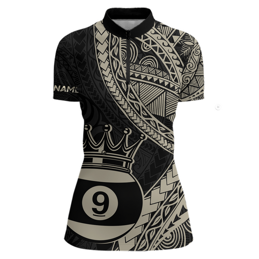 Custom Black and Gold Tribal 9 Ball Pool Billiard Shirt for Women Billiard League Polo & 1/4 Zip NNT155