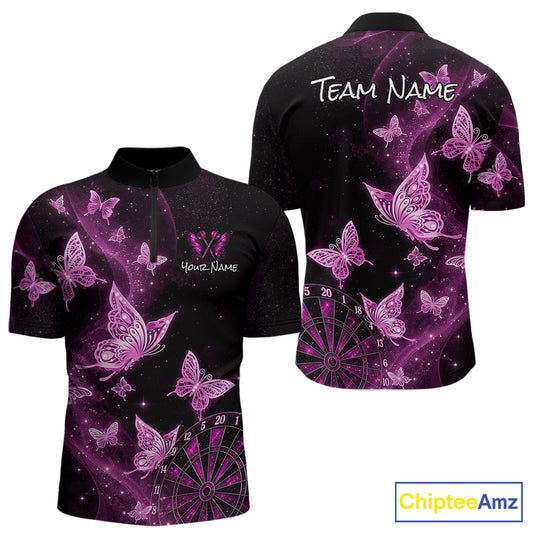 Front and back views of a black short-sleeve polo shirt with a purple and pink butterfly and starry galaxy print, featuring customizable text placeholders 'TEAM NAME' and 'Your Name' on a white background.