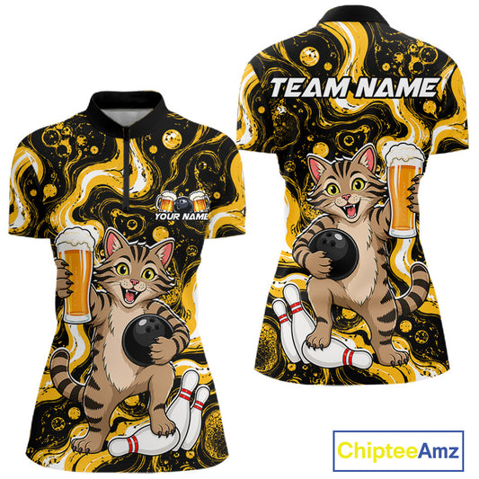 Front and back views of a women's short-sleeve polo shirt with a bowling-themed cartoon cat print. The shirt features a black and yellow marbled background with a tabby cat holding a bowling ball and beer glasses, white bowling pins, and customizable text areas on the chest and back.
