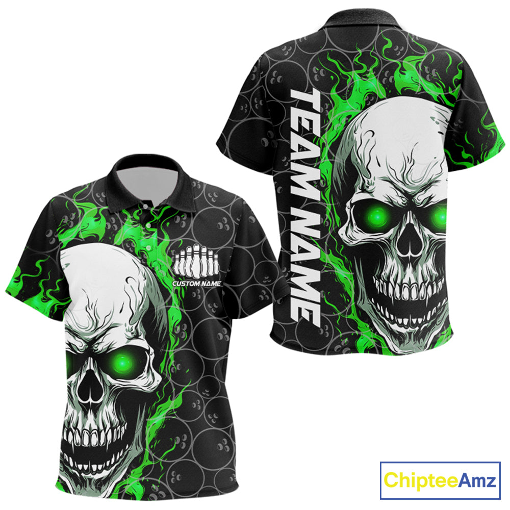 Custom Green Flame Skull Bowling Polo Shirt For Kid, Halloween Bowler Jerseys IPHW5008