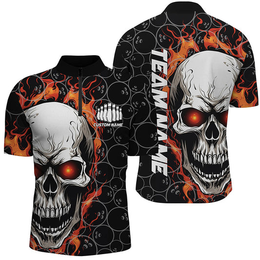 Custom Skull Bowling Quarter-Zip Shirt For Men,Flame Bowler Jerseys 5008IPHW