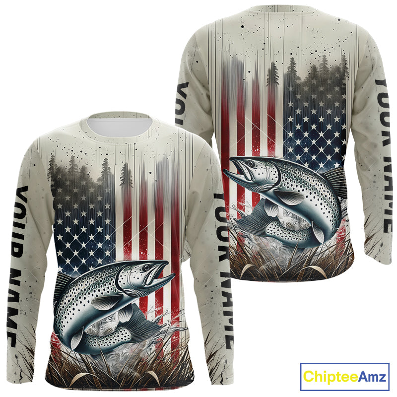 Custom Patriotic US Flag Speckled Trout Long Sleeve Fishing Shirts, Trout Fishing Jerseys IPHW9295