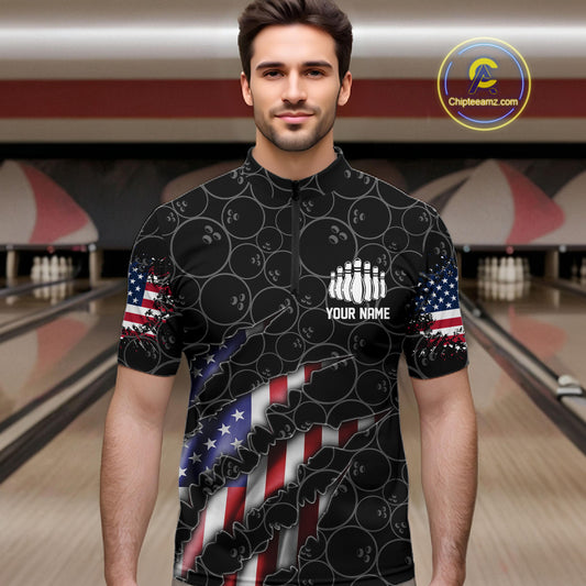 Custom Patriotic Bowling Zip Shirts For Men, American Flag Bowling Uniform Bowlers Outfit | Black IPHW6778