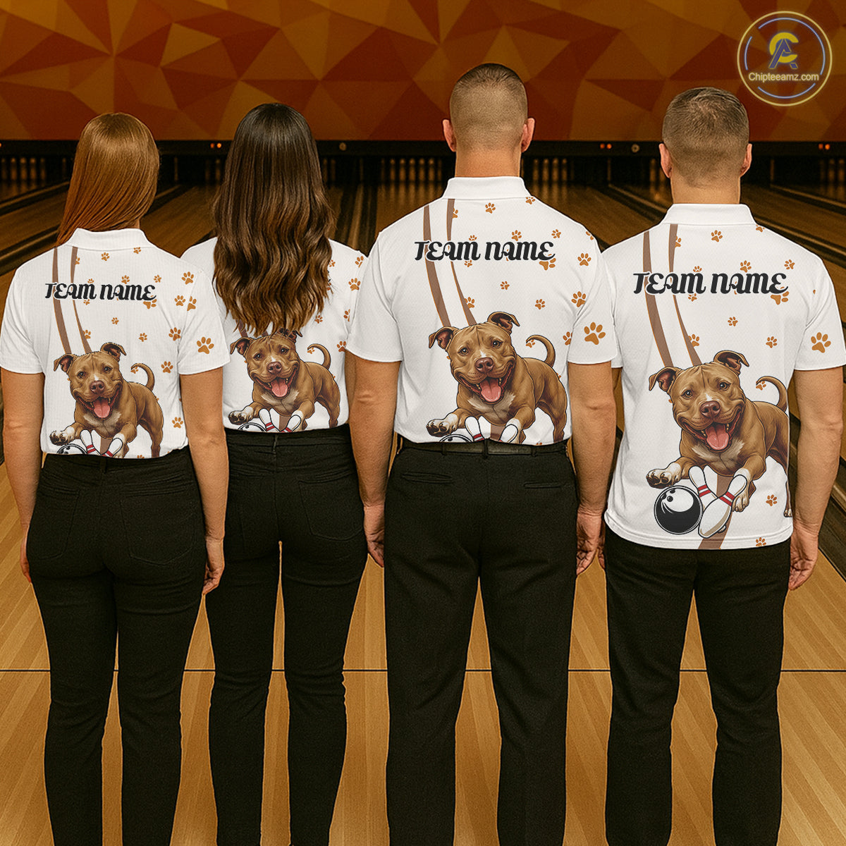 Custom Funny Brown Pitbull Dog Bowling Men Polo Shirts, Dog Paw Print Bowler Outfit IPHW10248