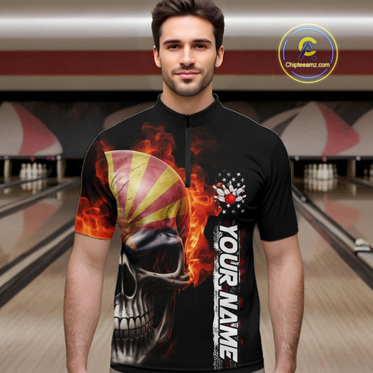 Custom Flame Skull American Arizona Flag Men Bowling Team Shirt, Patriotic Bowling Jersey IPHW10638