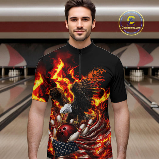 Custom Patriotic Fire Flame Eagle Men Bowling Team Shirt, Firefighter Bowling Shirt IPHW10201