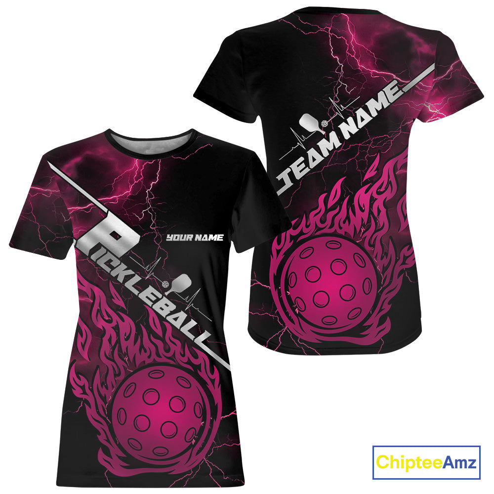 Custom Black And Pink Thunder Lightning Flame Pcikleball T-Shirts Team For Women IPHW9306