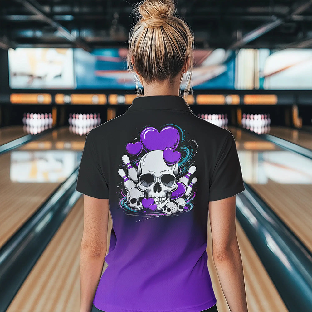 Custom Black And Purple Skull Valentines Day Couple Bowling Polo Shirts For Women IPHW8342