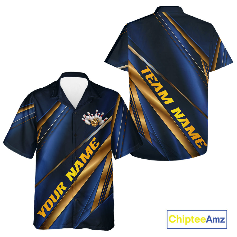 Custom short-sleeve button-up camp shirt shown from the front and back, featuring a navy blue and gold diagonal striped pattern with 'TEAM NAME' and 'YOUR NAME' text placeholders, displayed on a white background with a ChipteeAmz logo in the corner.