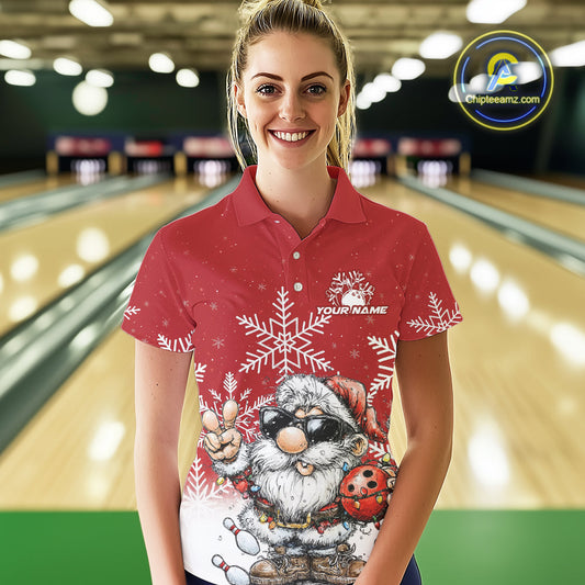 Custom Funny Santa Claus Christmas Bowling Women Polo Shirts, Xmas Bowling Team Shirt IPHW10109