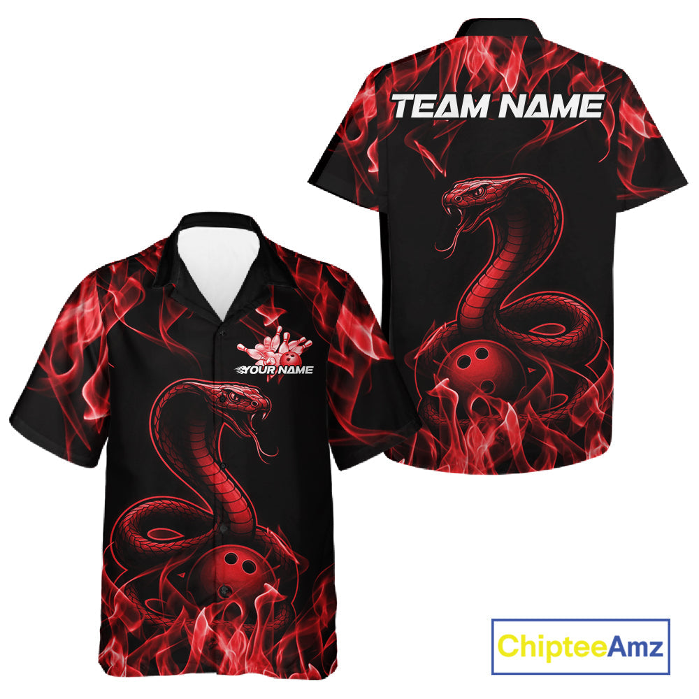 Custom Black And Red Flame Cobra Snake Bowling Men And Women Shirts, Bowling League Shirt IPHW10765