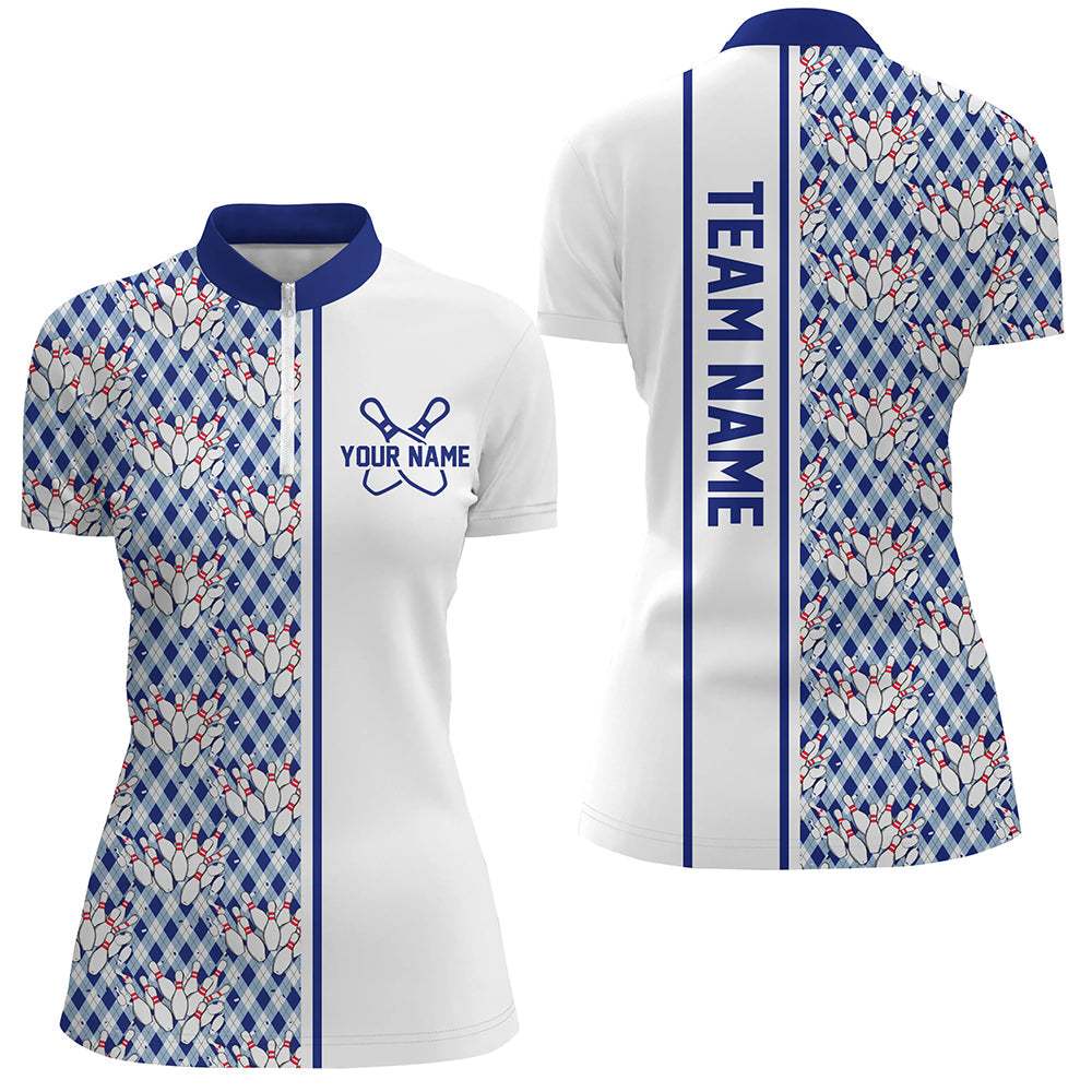 Blue Argyle Custom Bowling Polo Shirts For Women, Custom Bowling Uniforms IPHW6965