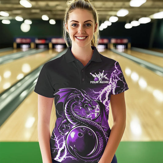 Custom Black And Purple Thunder Lightning Dragon Bowling Womens Polo Shirt, Bowlers Outfit IPHW8664