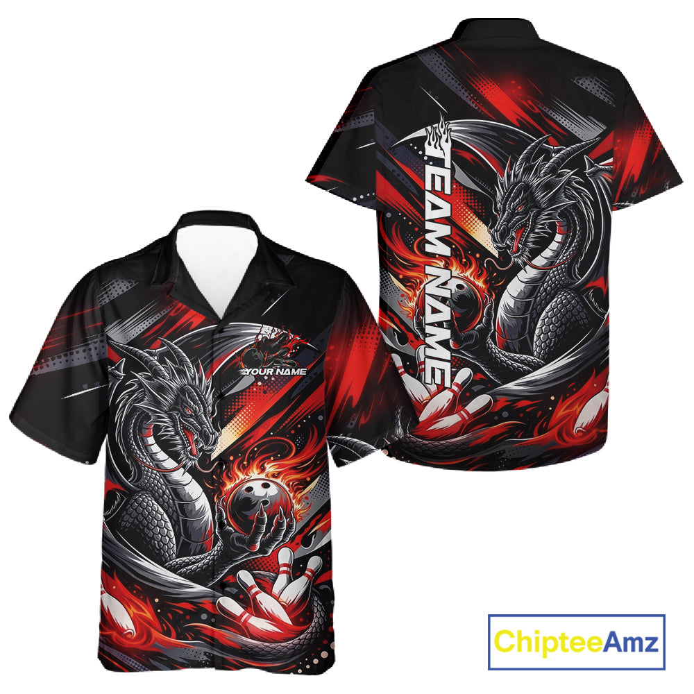 Personalized Black And Red Dragon Bowling Team Jerseys, Dragon Bowling Hawaiian Shirt IPHW10299