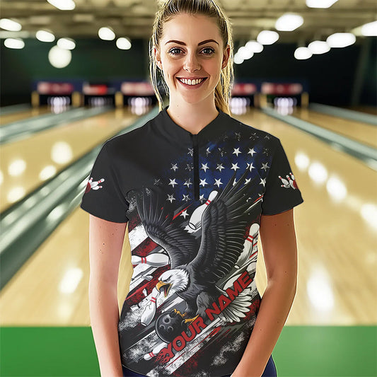 Personalized American Flag Eagle Women Bowling Quarter-Zip Shirts, Patriotic Bowling Shirt IPHW8731