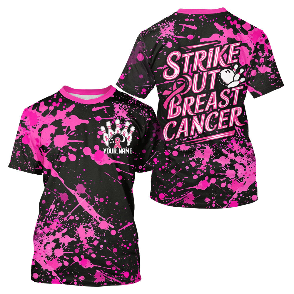 Custom Black And Pink Strike Out Breast Cancer Awareness Pink Ribbon T-Shirts For Men IPHW7049