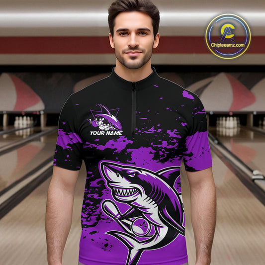 Custom Black And Purple Camo Shark Bowling Team Men Quarter-Zip Shirts, Bowling Tournament Shirt IPHW8997