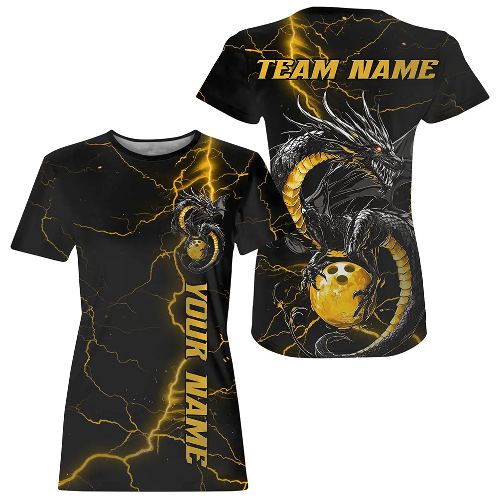 Custom Black And Gold Thunder Lightning Custom Dragon Bowling Women T-Shirts Team Outfits IPHW7309