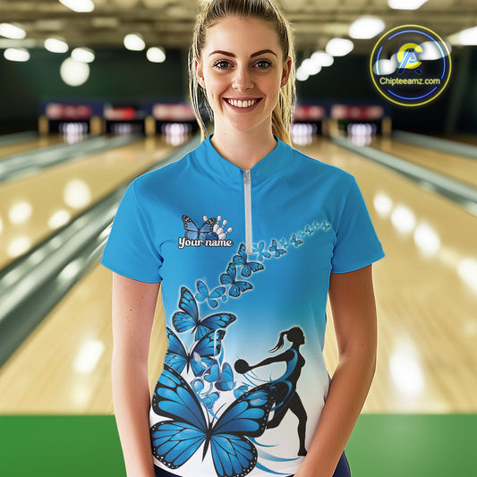 Custom Blue Gradient Butterfly Bowling Team Women Quarter-Zip Shirts, Bowlers Outfit IPHW9008