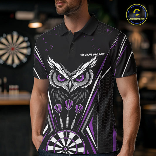Custom Black And Purple Owl Darts Polo Shirts For Men, Darts Team Jerseys IPHW11724