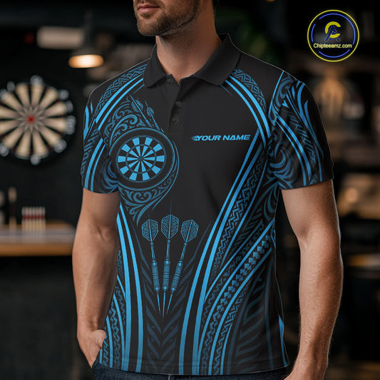 Custom Black And Blue Tribal Owl And Skull Darts Men Polo Shirt, Halloween Darts Outfit IPHW11729