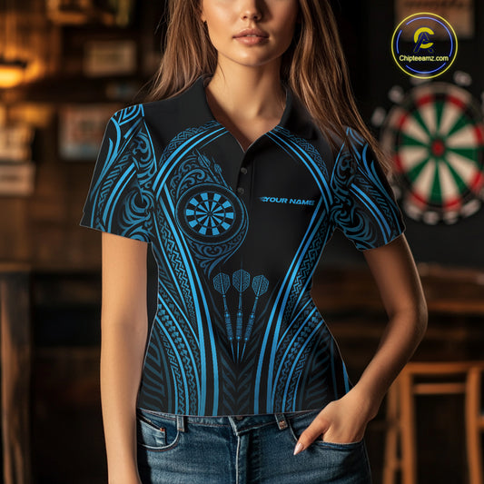 Custom Black And Blue Tribal Owl And Skull Darts Women Polo Shirt, Halloween Darts Outfit IPHW11729