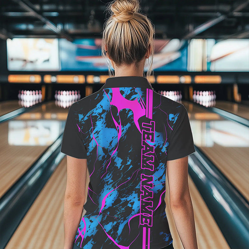 Custom Blue And Pink Strike Bowling Shirts Women Polo Camo Bowling Team Jerseys IPHW5387
