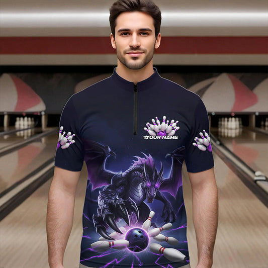 Custom Black And Purple Dragon Bowling Team Quarter-Zip Shirts For Men, Dragon Bowling League Shirt IPHW8548
