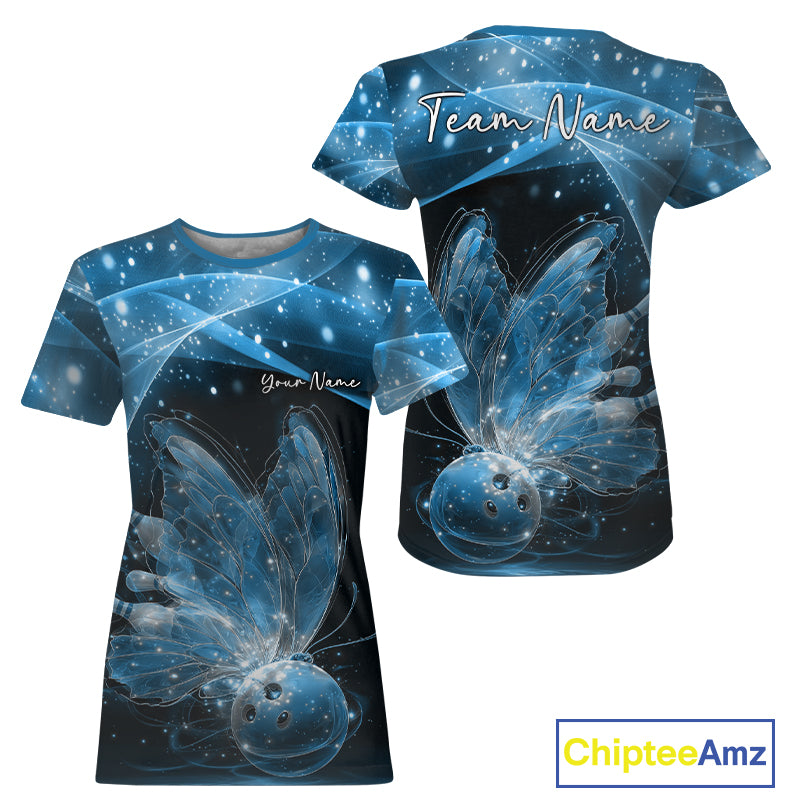 Custom Ethereal Blue Butterfly Bowling Team Women T-Shirts, Ladies Bowling Outfit IPHW10244