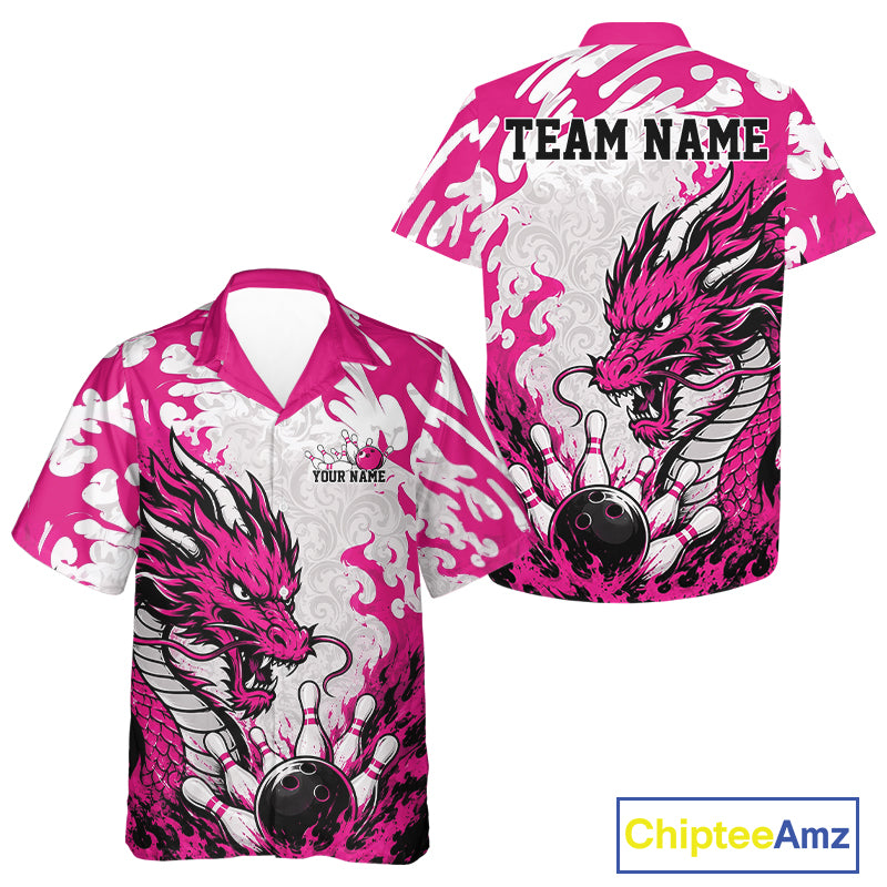 Pink and white bowling shirt with dragon design and customizable text, featuring Chiptee Amz branding.