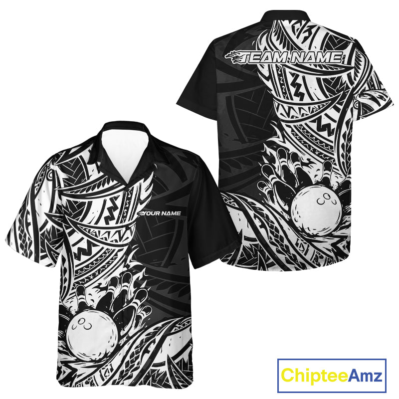 Custom Black And White Maori Style Koru Spiral Tribal Men And Women Bowling Hawaiian Team Shirt IPHW10955