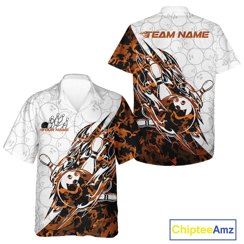 Front and back views of a white button-up bowling shirt displaying bowling ball and pin artwork with sharp yellow camo accents.